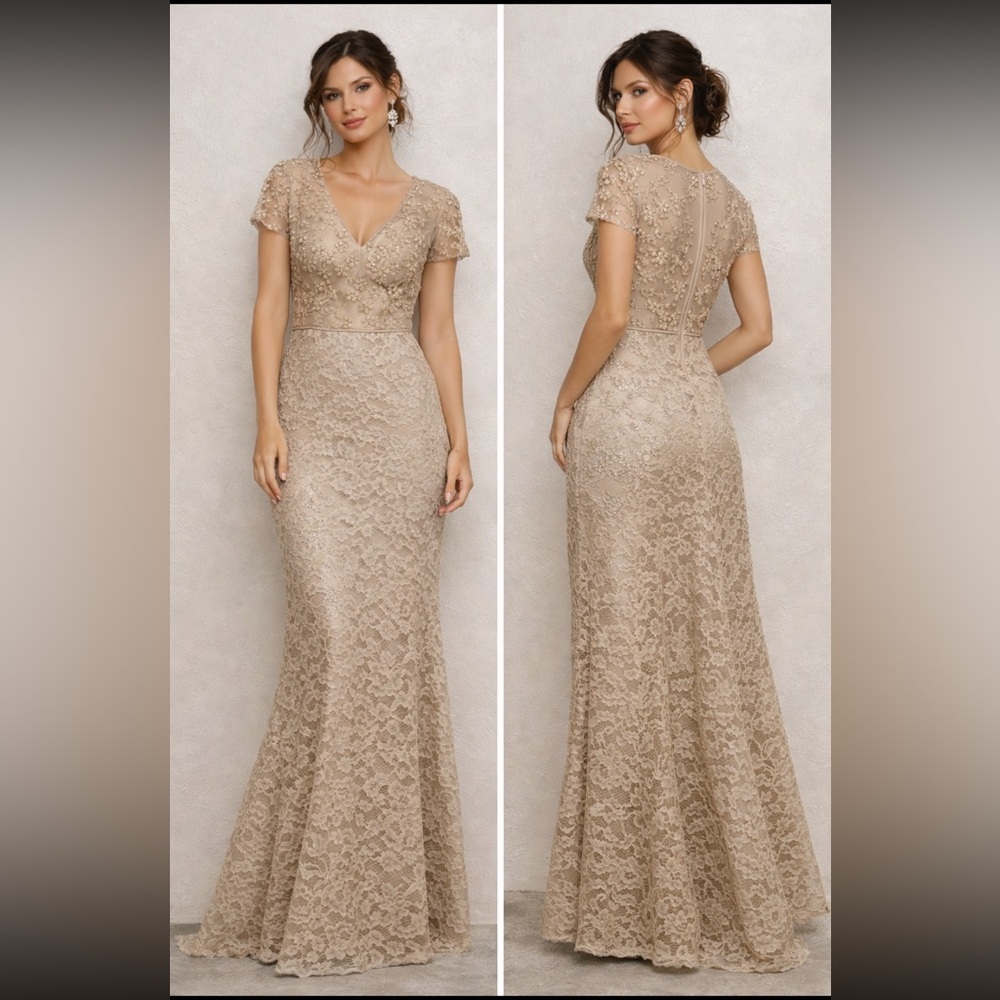 JS Collections Champagne Lace V-Neck Maxi Gown